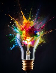 Exploding light bulb with colorful paint splashes on black background, symbolizing creative ideas.