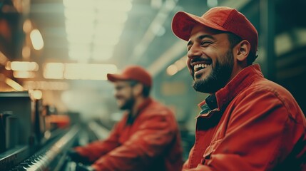 Fototapeta premium Hispanic male worker laughing with colleagues in factory, promoting positive work environment