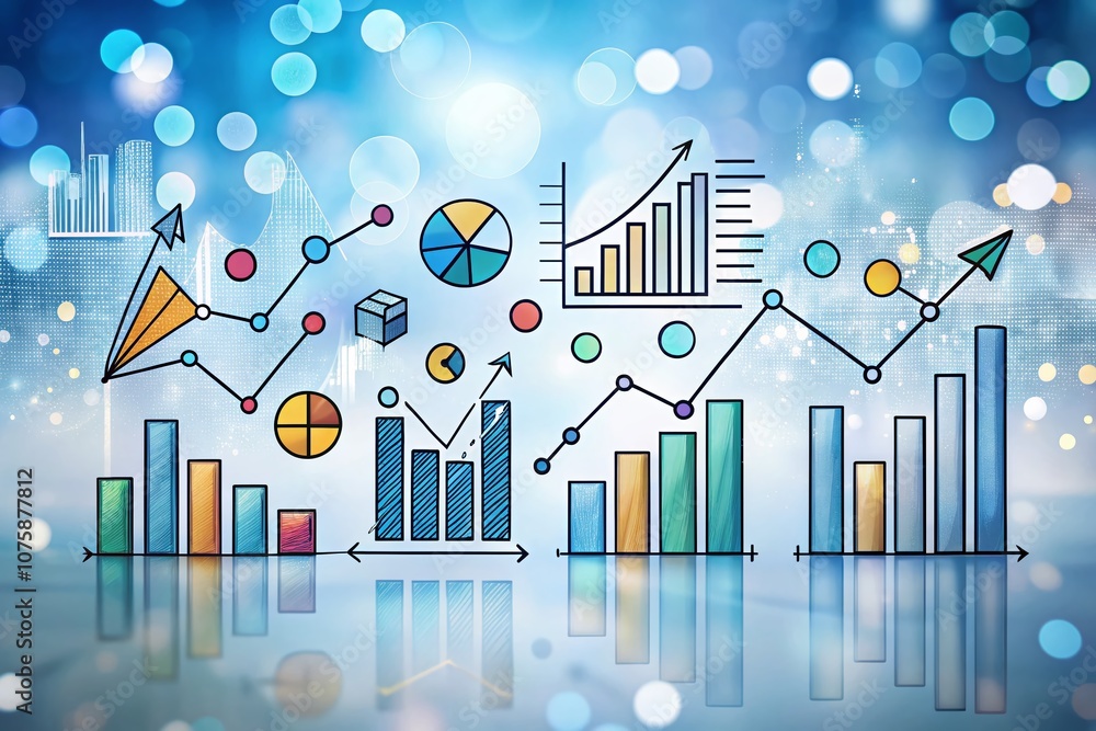 Poster engaging graph and analytics doodle illustration with bokeh effect on a white background, perfect fo