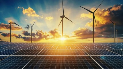 A peaceful, golden sunset illuminating a vast field of solar panels