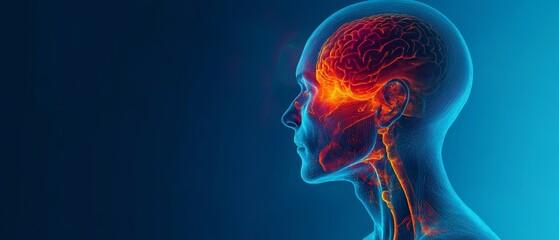 Illustration of human head pain, with a blue background and a glowing red and orange area around the joint in focus 