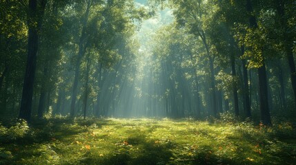 Naklejka premium Lush forest with sunlight filtering through trees, creating a serene atmosphere.