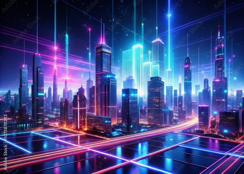 Poster expansive and futuristic panoramic view of a digital cityscape in cyberspace with neon lights, circu