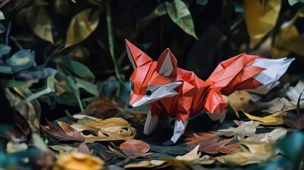 A serene scene of an origami fox, with sharp, angular features, sitting on a paper forest floor with fallen leaves.