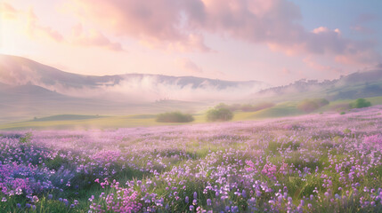 Fototapeta premium A vast, fluffy landscape of rolling hills blanketed in soft, mist-like clouds, with pastel wildflowers dotting the fields, delicate pink and lavender hues blending with morning light.