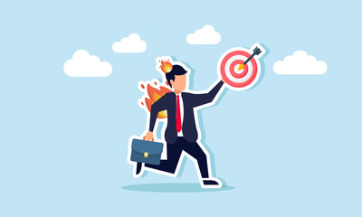 fire burning a businessman holding a target board, illustration of a deadline to complete business targets