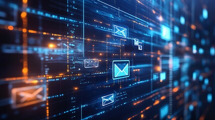 Obraz premium A digital representation of communication networks with email icons and data streams.
