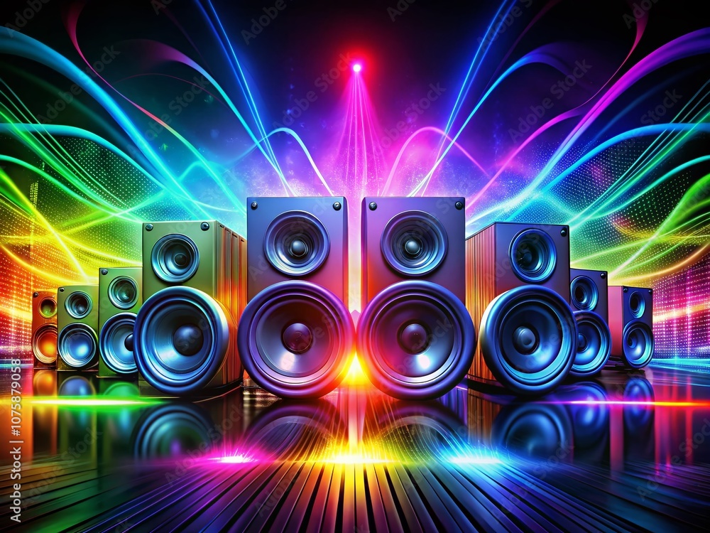 Poster eye-catching speakers emitting pulsating sound waves in vibrant neon colors, creating a dynamic atmo