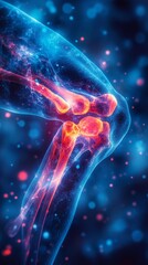 Illustration of human knee pain, with a blue background and a glowing red and orange area around the joint in focus 