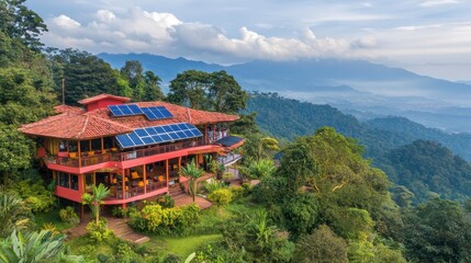 Mountain house with solar panels amidst lush greenery.