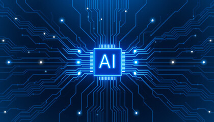 Glowing Purple AI Chip on Blue Circuit Board, Symbolizing Advanced Artificial Intelligence Technology.