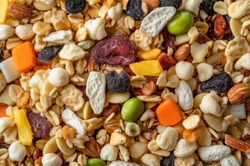 Close-up of a mixture of granola, dried fruit, and nuts.
