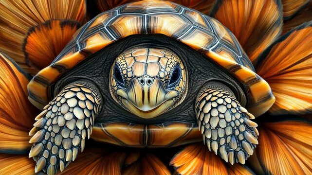 A turtle with a brown and black shell sits on a bed of orange leaves