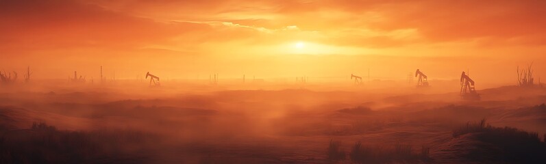 Naklejka premium A breathtaking sunset casts a warm orange glow over a misty landscape, with silhouettes of wind turbines in the distance.