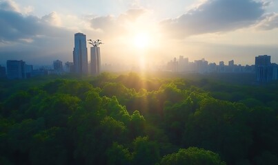 A breathtaking view of a sunrise over a lush green landscape, framed by urban buildings in the background, showcasing the harmony between nature and city life.