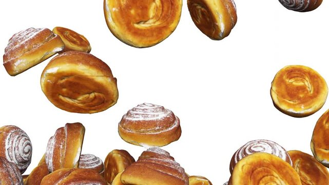 Full frame of falling sweet buns on white background. 3d render animation. Luma Matte included.
