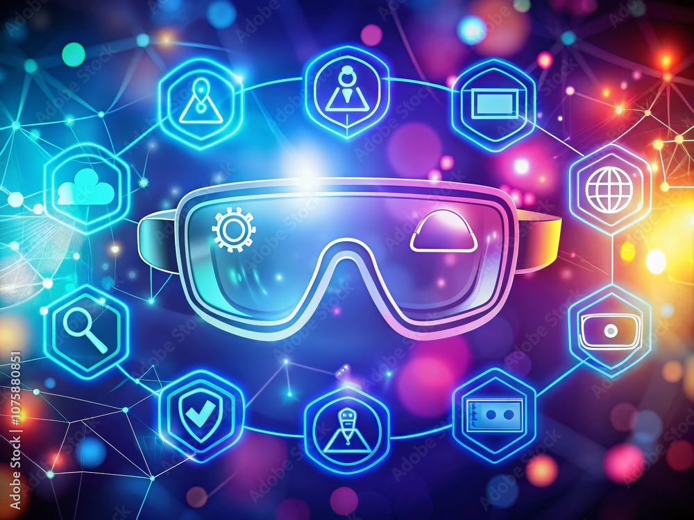 Aufkleber futuristic metaverse virtual reality concepts with bokeh effect, smart glasses, data protection, and
