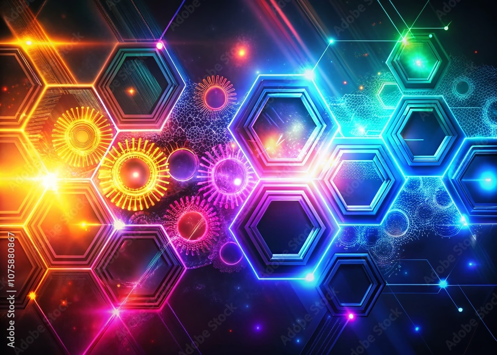 Poster futuristic neon hexagonal patterns with rotating gears and energy waves on a dark gradient backgroun