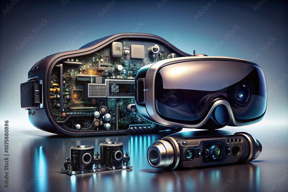 Poster futuristic virtual reality elements in macro photography style on a white background for modern tech