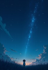 Fototapeta premium Starry Night Sky with Shooting Stars and Baby's Sweet Dreams: Innocent Graffiti-Style Children's Book Illustration for Bedtime Stories