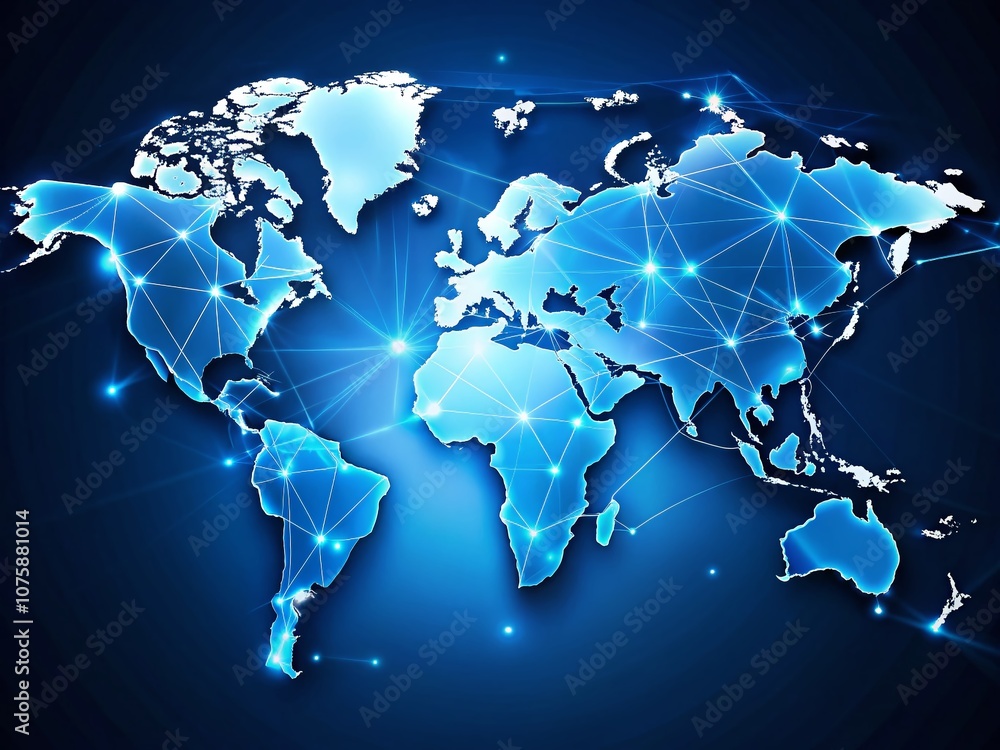 Poster glowing blue world map with white outlines and dark ocean featuring abstract energy lines in a panor