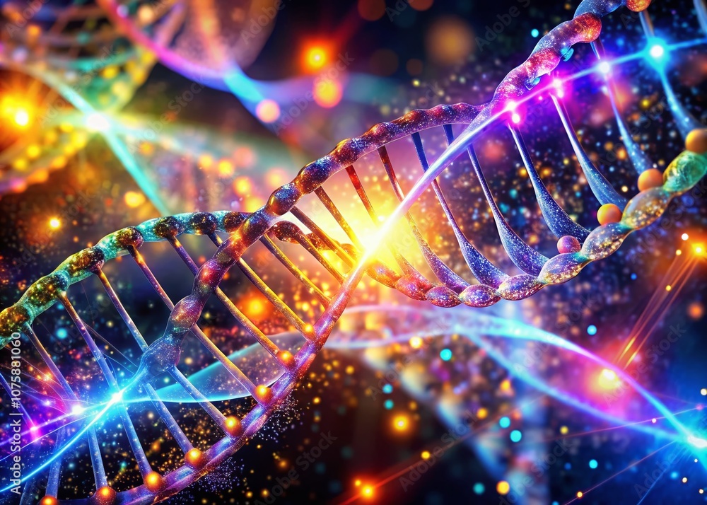 Aufkleber glowing futuristic genetic sequence abstract biotech background with luminous dna strands and neon c