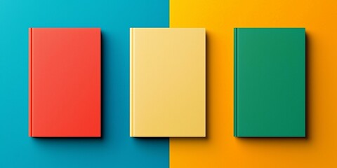 A vibrant image featuring three colorful books (red, yellow, green) against a split blue and orange background.