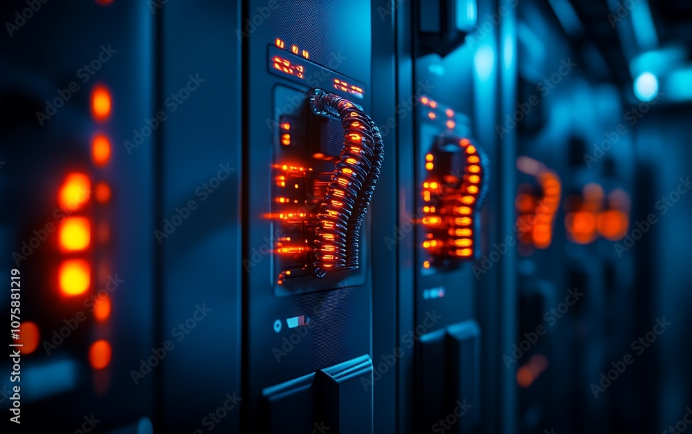 Poster a close-up view of illuminated server components in a data center, showcasing vibrant orange lights 