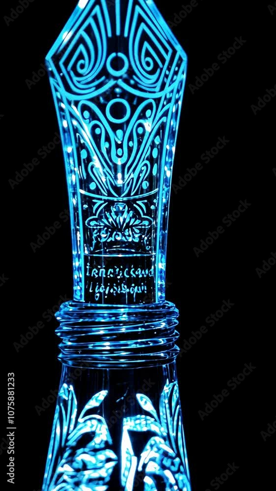Poster a close-up of a crystal bottle stopper illuminated with blue light, showcasing intricate details and