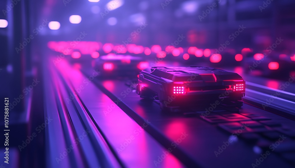 Aufkleber a futuristic scene featuring illuminated technology, with vibrant purple lights highlighting sleek d
