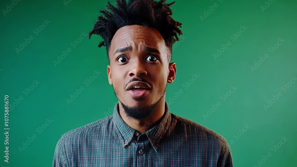 Poster young man with a surprised expression is posing on a green screen background, perfect for replacing 
