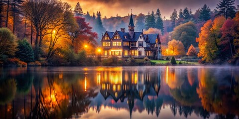 Haunted Gothic Mansion Reflected in an Autumnal Forest Lake at Twilight, Eerie Atmosphere with Illuminated Windows and Haunting Shadows