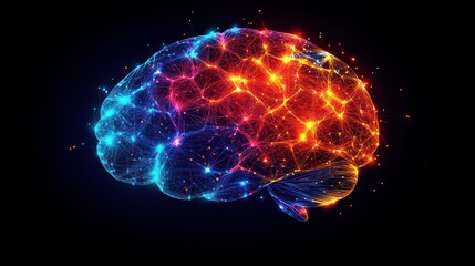 A vibrant, digital representation of a brain with glowing connections.