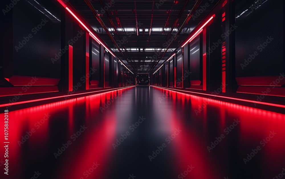 Aufkleber a futuristic corridor illuminated with red led lights, featuring a sleek floor and dark walls, creat