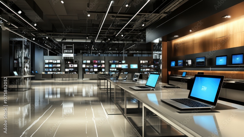 Poster a spacious electronics store with rows of neatly displayed laptops,