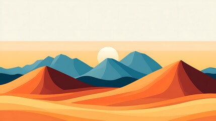 A stylized landscape featuring mountains and sand dunes at sunset.