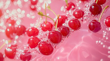 Cherries in sparkling water on a bright pink background, sunlight reflecting for a summery, fresh feel from above.