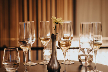 Detail of glasses of wine on a table in a restaurant
