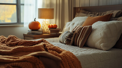 A cozy bedroom featuring a neutral bedspread, throw blankets in shades of orange and brown, and a bedside table with a pumpkin lamp and a stack of books 