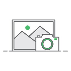 Camera and picture frame icon, black and white linear icon isolated white background