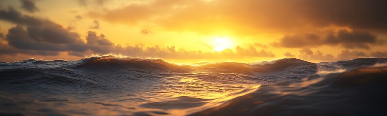 Obraz premium A stunning sunset casts golden hues over ocean waves, creating a serene and picturesque seascape filled with vibrant colors and dramatic clouds.