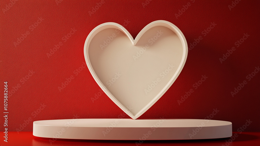 Poster simple heart-shaped display on a round pedestal against a vibrant red background