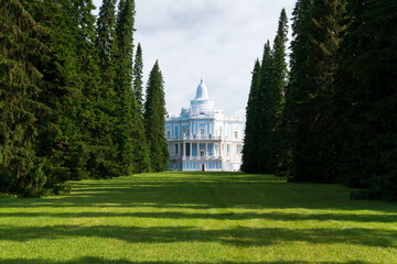 The Sliding Hill Pavilion from the Maslenichny Meadow in the upper park of the Oranienbaum Palace...