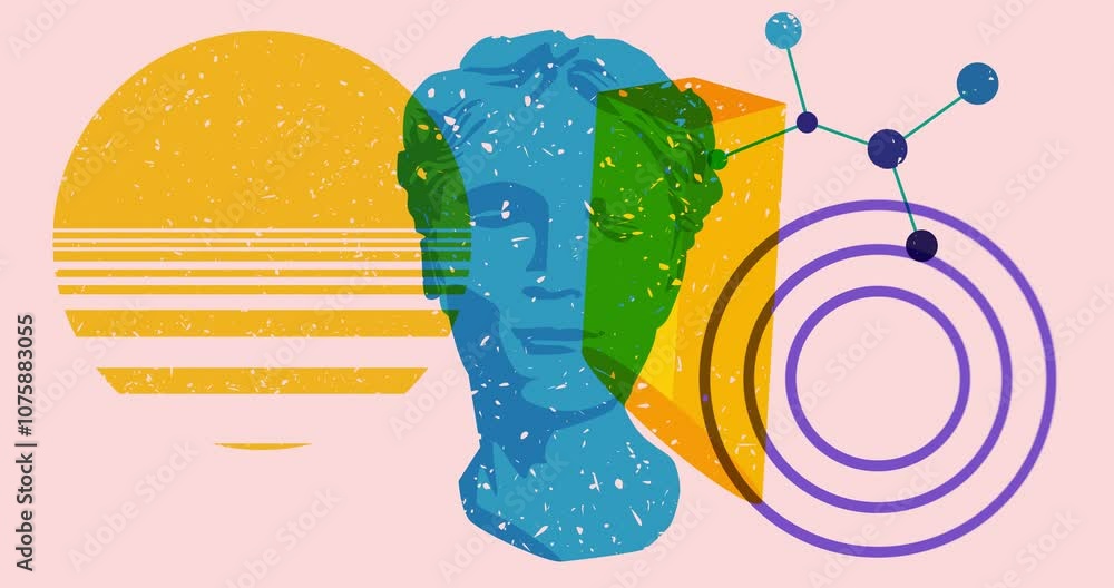 Poster risograph head statue with geometric shapes animation. moving object in trendy riso graph design vid