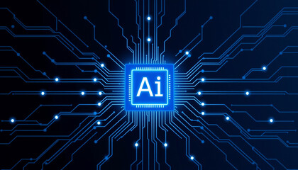 Glowing Purple AI Chip on Blue Circuit Board, Symbolizing Advanced Artificial Intelligence Technology.