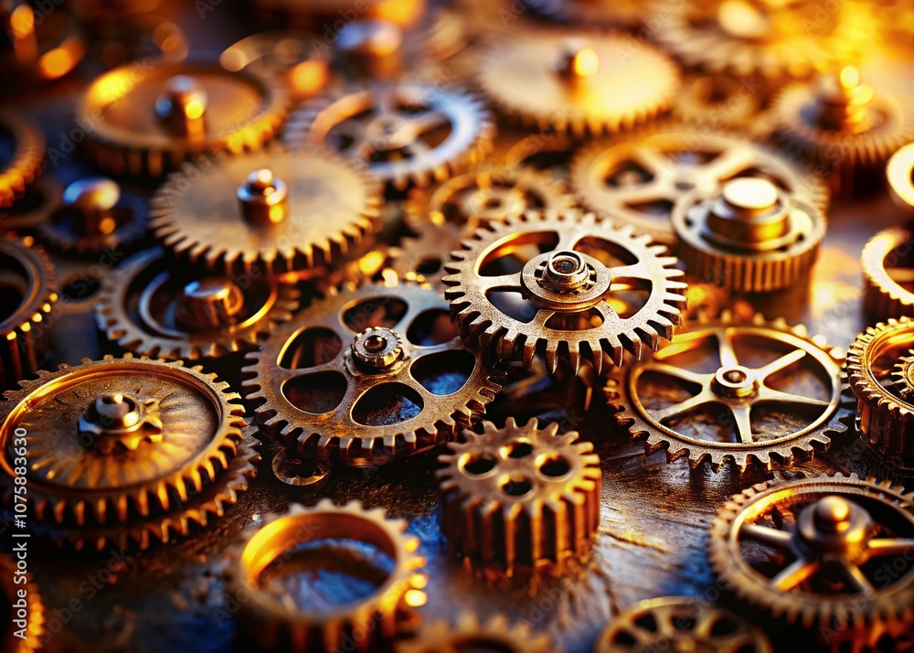 Poster intricate interlocking gears in tilt-shift photography showcasing precision engineering and mechanic