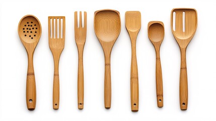 45.A top-down arrangement of bamboo kitchen utensils, including a stirrer, slotted spoon, and spatula, displayed on a plain white background. The natural textures of the bamboo wood are highlighted,