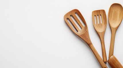 45.A top-down arrangement of bamboo kitchen utensils, including a stirrer, slotted spoon, and spatula, displayed on a plain white background. The natural textures of the bamboo wood are highlighted,