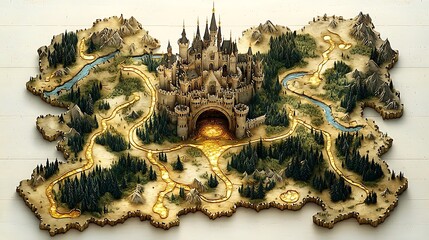 Fototapeta premium Fantasy Map with Castle Forest Rivers and Mountains