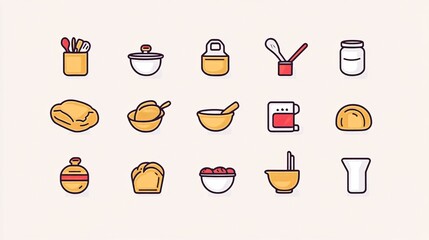104.A clean vector set of culinary icons, including a spoon, ladle, mixing bowl, and freshly baked bread. The icons are rendered in a minimalist style, with sharp lines and vibrant colors,